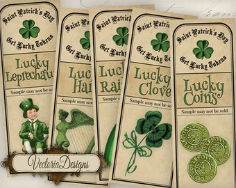 Saint Patrick's Day Apothecary Test Tube Labels green Tags printable images digital collage sheet VD0724