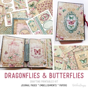 Dragonflies & Butterflies Junk Journal Kit, Crafting Printables Butterfly Junk Journal Embellishments Paper Craft Kits DIY Tutorial 002810