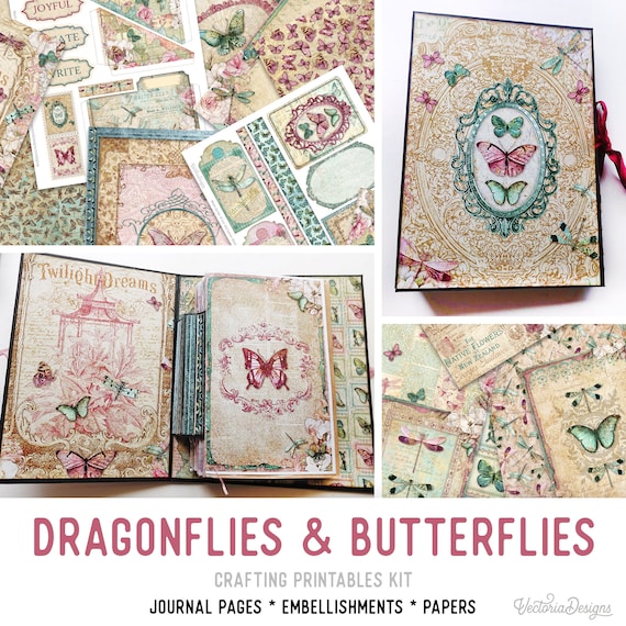 Dragonflies & Butterflies Junk Journal Kit (Standard) - Printable Pages, Papers and Embellishments for Crafting - 002810