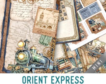 Orient Express Junk Journal Kit MINI, Vintage Train Crafting Printables Kit Train Embellishments Printable Train Paper Craft 003436