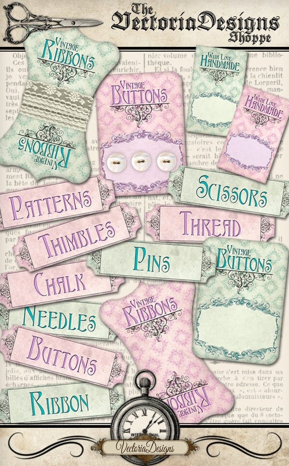 Printable Sewing Kit crafting sewing room craft room organizing pink green instant download digital collage sheet - 001197