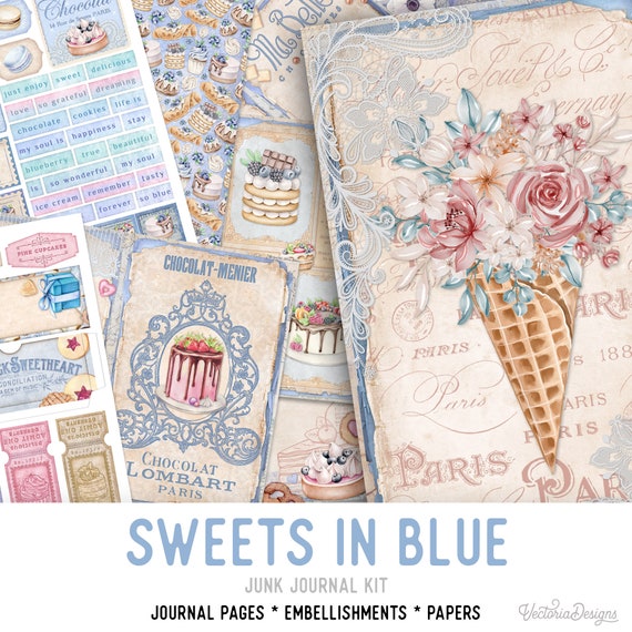 Sweets in Blue Junk Journal Kit, Dessert - Printable Pages for Crafting - 002416
