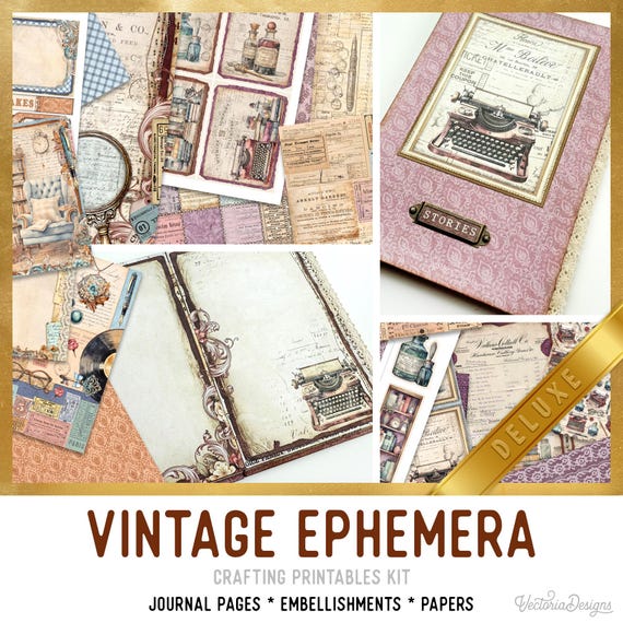 Vintage Ephemera Junk Journal Kit DELUXE - Printable Pages, Papers and Embellishments for Crafting - 003870