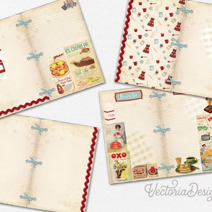 May include: A vintage-style recipe journal with a red and white checkered pattern on the cover. The journal has a red and white scalloped border and blue ribbon ties. The pages are lined and have a cream-colored background. The journal is open to a page with a vintage advertisement for ice cream pie.