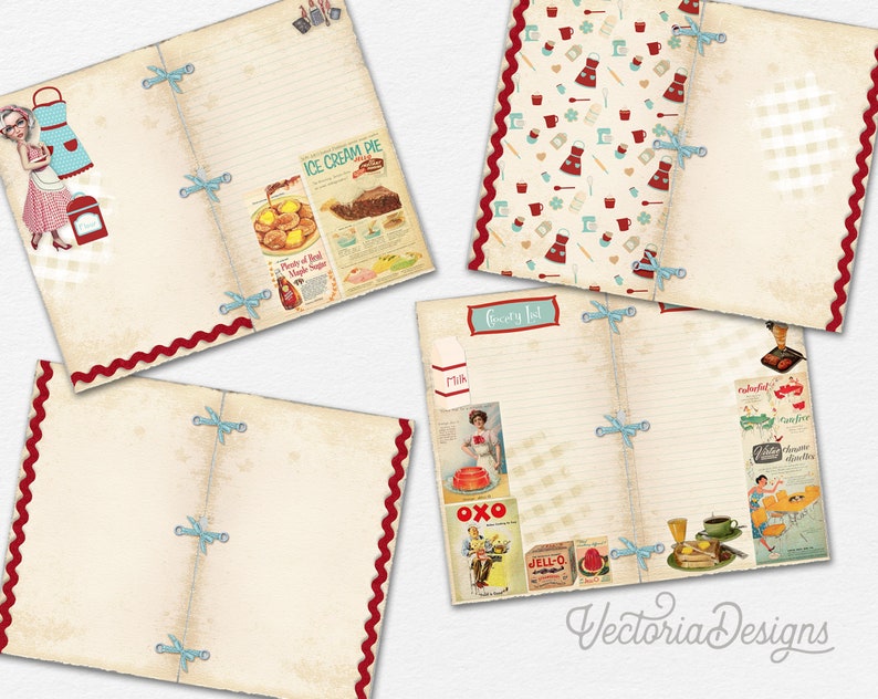 May include: A vintage-style recipe journal with a red and white checkered pattern on the cover. The journal has a red and white scalloped border and blue ribbon ties. The pages are lined and have a cream-colored background. The journal is open to a page with a vintage advertisement for ice cream pie.