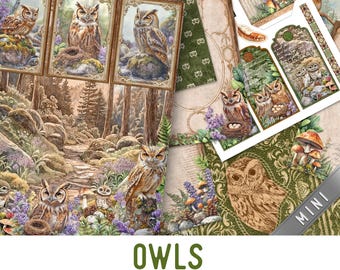 Owls Junk Journal Kit large MINI, Owls Crafting Printables Owls Embellishments Owls Printable Owls Paper Owls Junk Journal Owls 003798