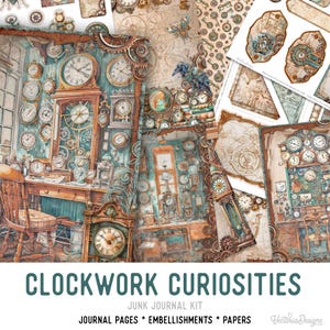 Może przedstawiać: Zestaw elementów zestawu junk journal w stylu steampunk. Obraz przedstawia strony dziennika, ozdoby i papiery z motywami zegarów i mechanizmów zegarowych. Paleta kolorów obejmuje odcienie brązu, turkusu i kremu, z tekstem "CLOCKWORK CURIOSITIES".