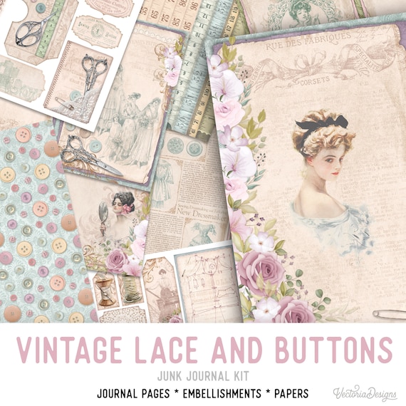 Vintage Lace & Buttons Junk Journal Kit, Sewing - Printable Pages for Crafting - 002388