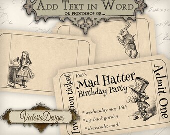 Alice in Wonderland blank Invitation Tickets editable printable images digital collage sheet VD0403