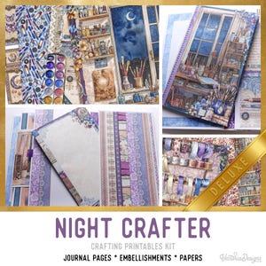 Peut inclure: Un ensemble d'imprimables pour le scrapbooking, comprenant des pages de journal, des embellissements et du papier. Le design présente des illustrations à l'aquarelle d'un atelier d'artiste avec une vue sur le ciel nocturne. La palette de couleurs comprend des bleus, des violets et des accents dorés. Le texte "NIGHT CRAFTER" est affiché.