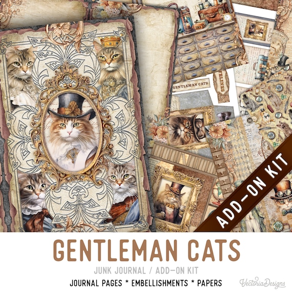 Gentleman Cats Junk Journal Kit Add-On, Printable Pages Embellishments Papers - 003273