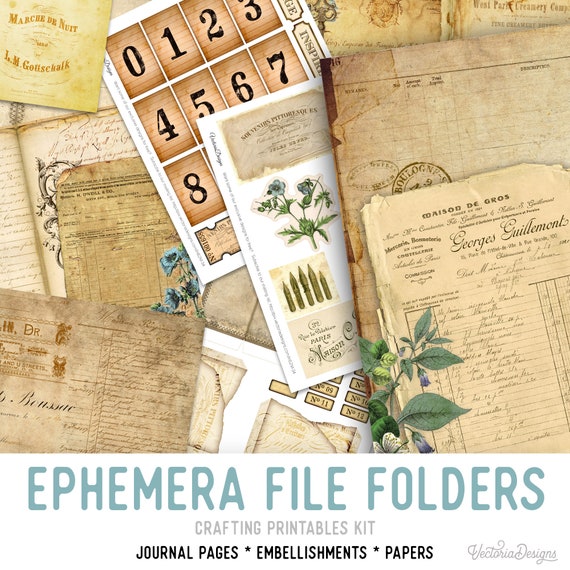 Ephemera File Folders Junk Journal Kit - Printable Pages, Papers and Embellishments for Crafting - 001948