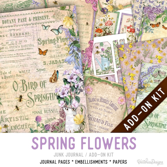 Spring Flowers Junk Journal Kit ADD-ON, Printable Craft kit with Journal Pages, Embellishments and Papers - 003252