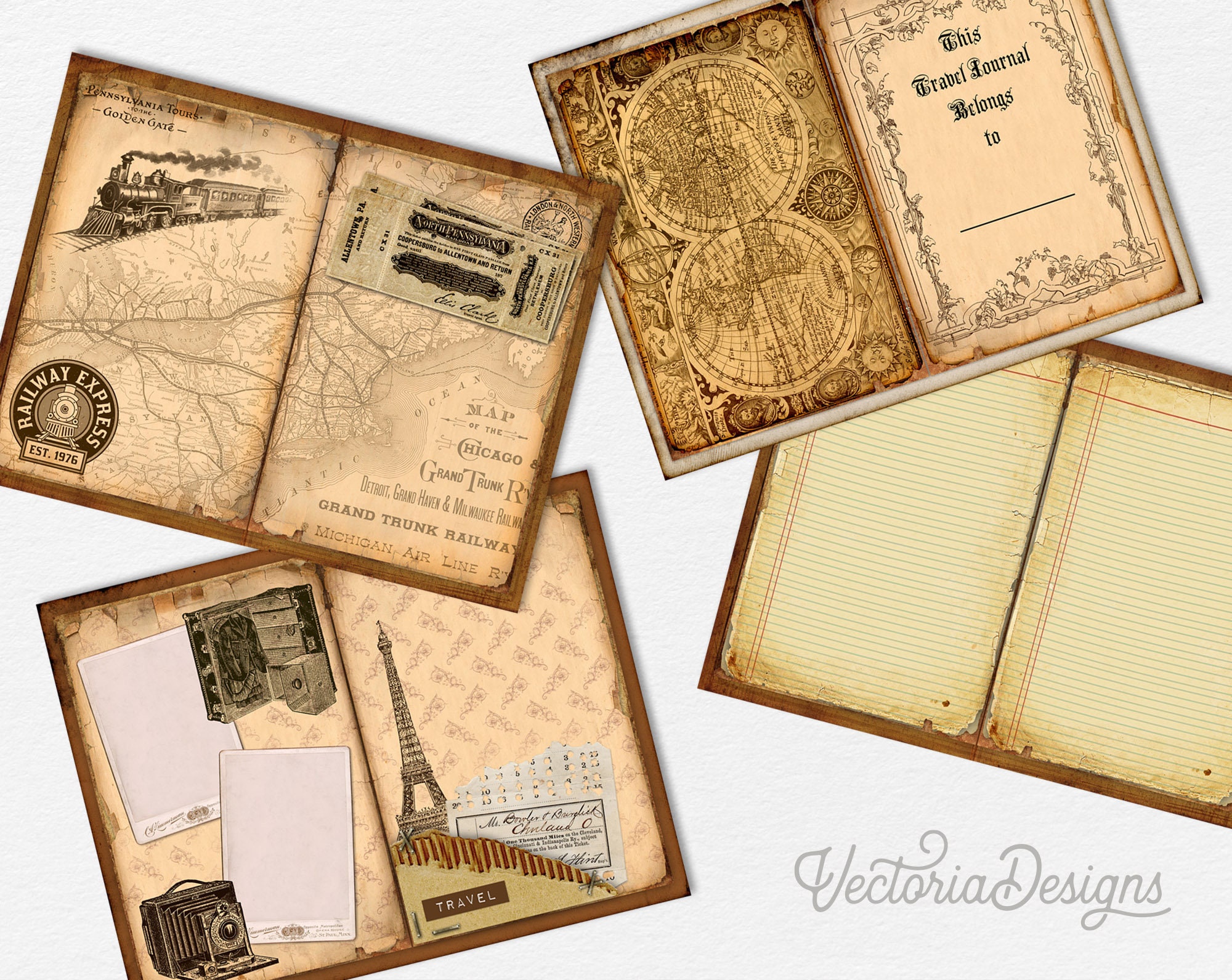 Travel Journal Kit, Printable Journal, Vintage Journal, Scrapbooking Journal,  Junk Journal Digital, Paper Craft Pages, Downloads 001914