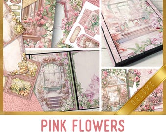Pink Flowers Junk Journal Kit DELUXE, Pink Flowers Crafting Printables Kit Crafting Embellishments Printable Crafts Paper Tutorial 003719