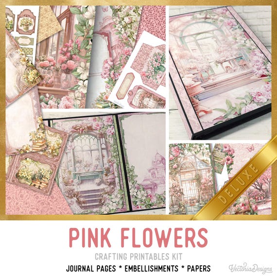 Pink Flowers Junk Journal Kit DELUXE - Printable Pages, Papers and Embellishments for Crafting - 003719