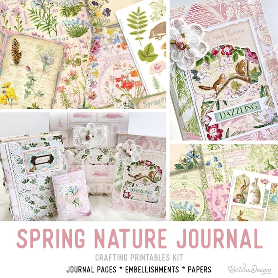 Spring Nature Junk Journal Kit - Printable Pages, Papers and Embellishments for Crafting - 002377