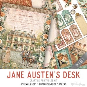 Jane Austen Large Junk Journal Kit MINI, Jane Austen Crafting Printables Jane Austen Embellishments Printable Winter Paper Journal 003581
