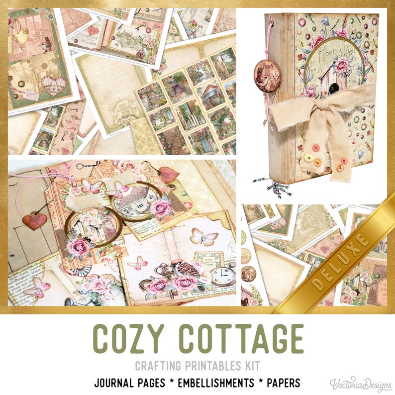 Cozy Cottage Journal , Vintage Planner Printables, Junk Journal Kit, Journal Ephemera, Scrapbook Journal, Cottagecore Journal 002237 image 1