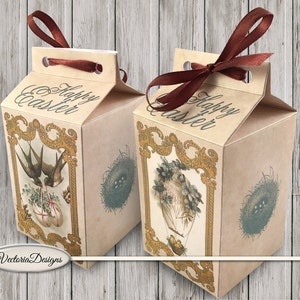 May include: Two brown paper gift boxes with a brown ribbon and the text "Happy Easter" on the front. The boxes have a vintage design with images of birds and nests.
