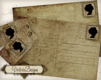 Shabby Chic Postcard and Tags printable cards tags silhouette paper crafting scrapbooking digital download printable collage sheet - VD0503