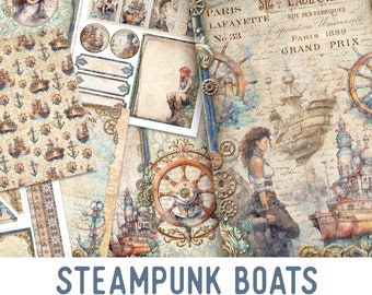 Steampunk Boats Junk Journal Kit Steampunk Boat Printable Junk Journal Kit Ship Embellishments Junk Journal Papers DIY Craft kit - 003011