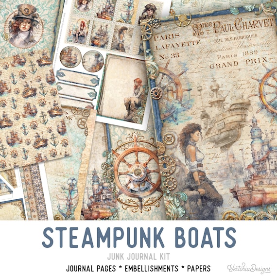 Steampunk Boats Junk Journal Kit Steampunk Boat Printable Junk Journal Kit Ship Embellishments Junk Journal Papers DIY Craft kit - 003011