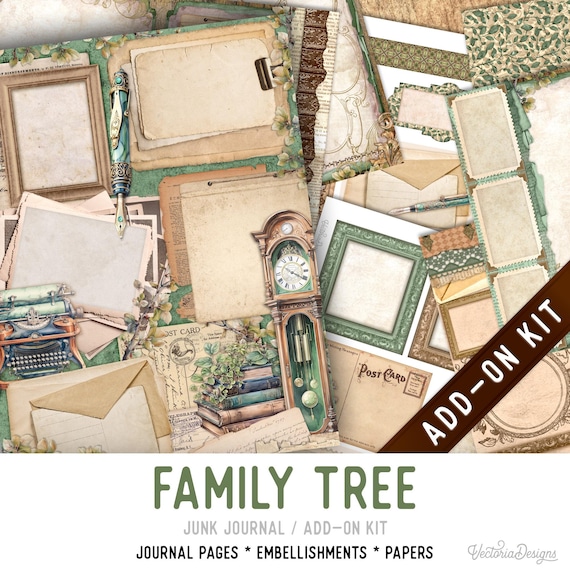 Family Tree Junk Journal Kit, Printable Pages, Embellishments, Papers - 004008