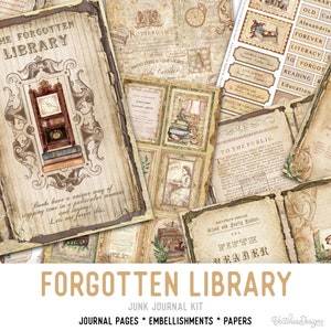 Puede incluir: Un kit de diario de chatarra digital con una estética vintage. El kit incluye papeles, adornos y páginas de diario con un tema de biblioteca olvidada. La imagen presenta un reloj, libros y texto que dice "The Forgotten Library".