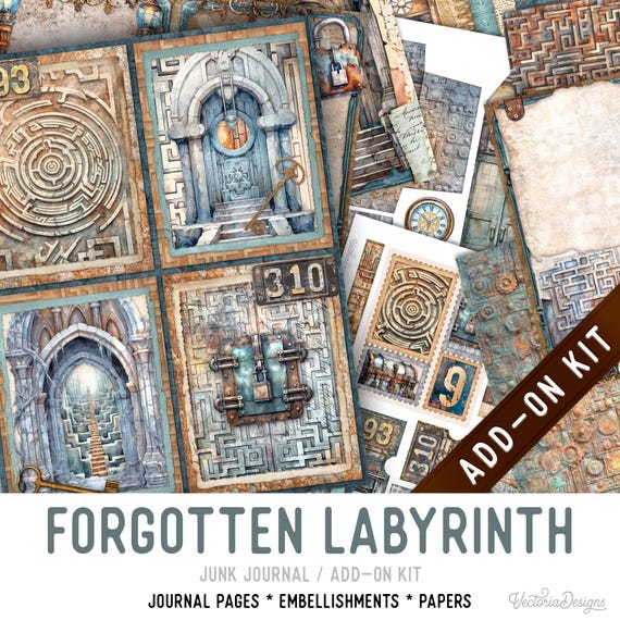 Forgotten Labyrinth Junk Journal Add-On Kit, Printable Pages Embellishments Papers - 004006