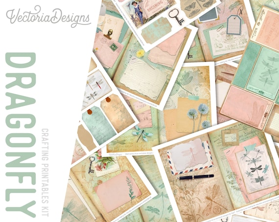 Dragonfly Junk Journal Kit - Printable Pages, Papers and Embellishments for Crafting - 002085