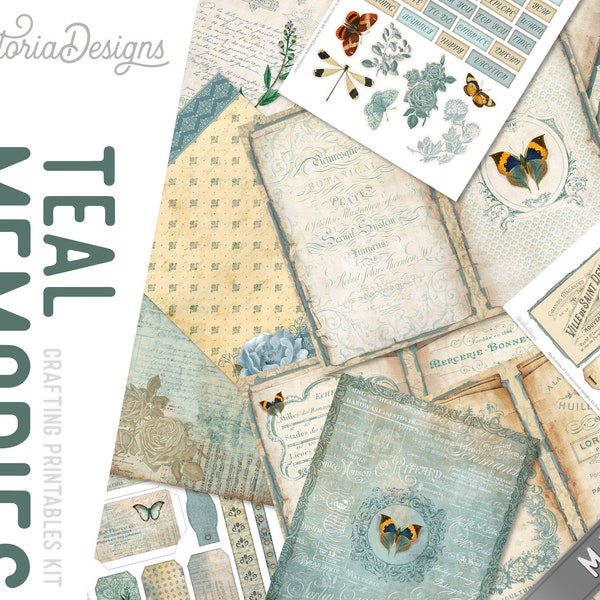 Memories Junk Journal Kit Teal Memories MINI Crafting Printables Kit Memory Junk Journal Memories Embellishments Scrapbook Paper 002944