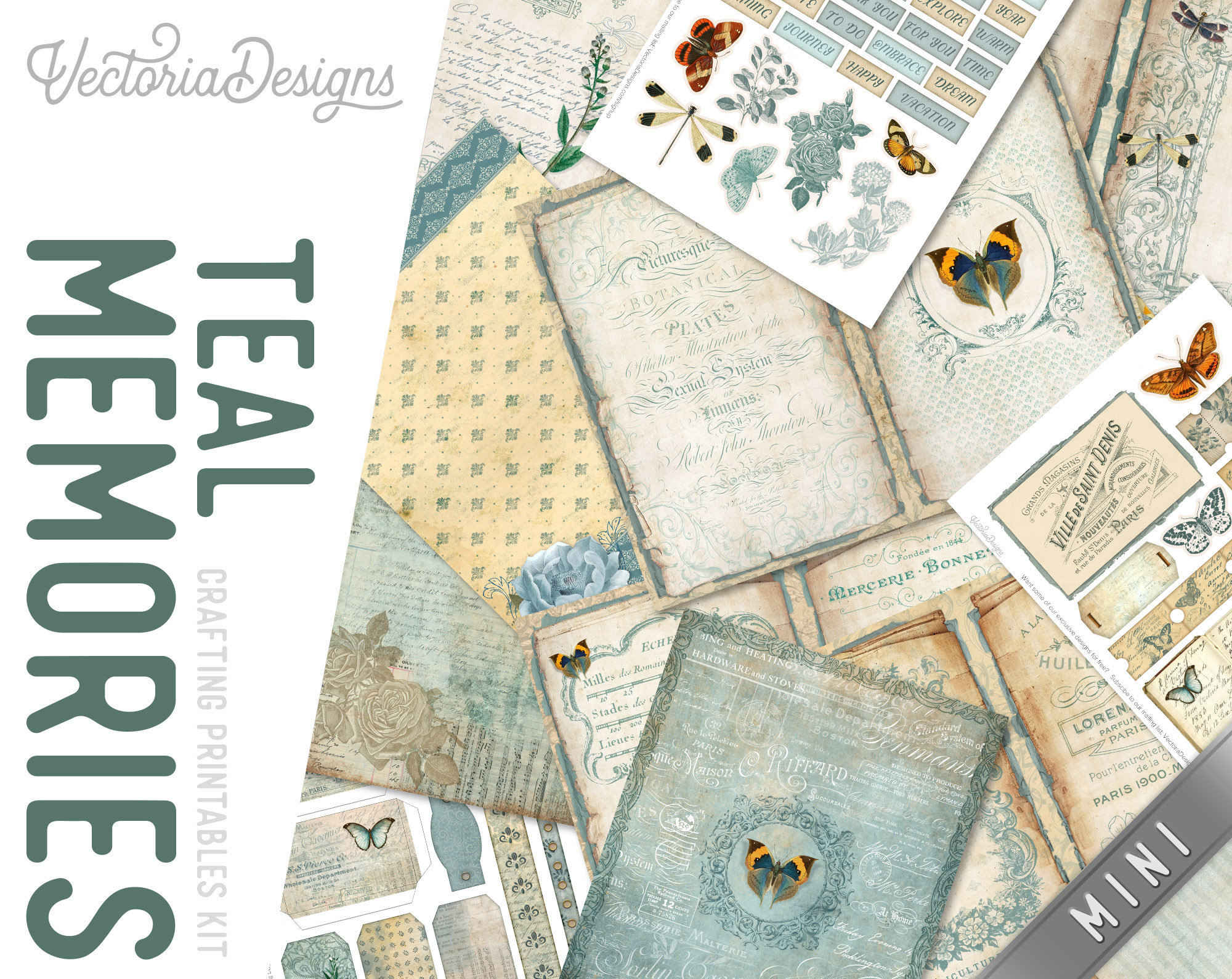 Teal Memories Crafting Printables Kit, Digital Paper Mega Kit, Vintage  Ephemera Sheets, Scrapbooking Supplies Kit 002320 