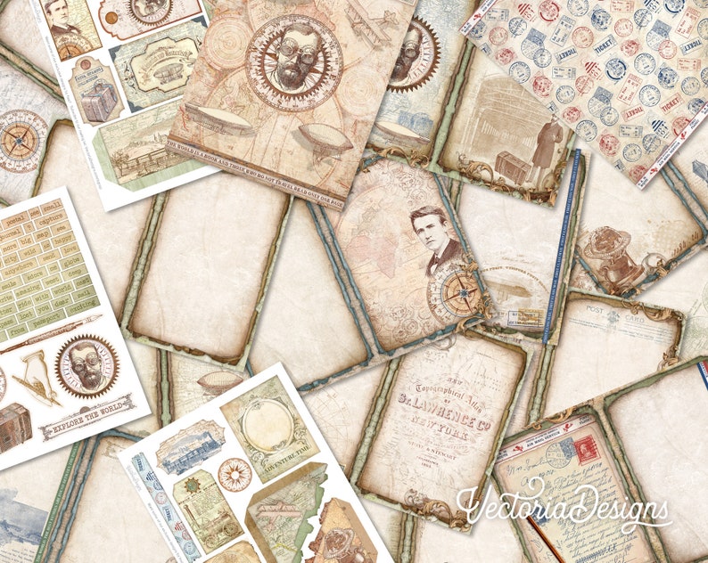 May include: A collection of vintage-style paper ephemera with a travel theme. The papers feature illustrations of airships, compasses, maps, and portraits, in shades of beige, brown, and blue. Some papers have text, including the words "Explore the World" and "Adventure Time".