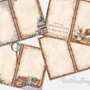 Pode incluir: Um conjunto de seis p&aacute;ginas de di&aacute;rio imprim&iacute;veis em estilo vintage com bordas marrons e creme. Cada p&aacute;gina apresenta um design diferente, incluindo uma lupa, livros e um alfabeto vintage. As p&aacute;ginas s&atilde;o perfeitas para scrapbooking, di&aacute;rio ou para adicionar um toque de charme vintage aos seus projetos.