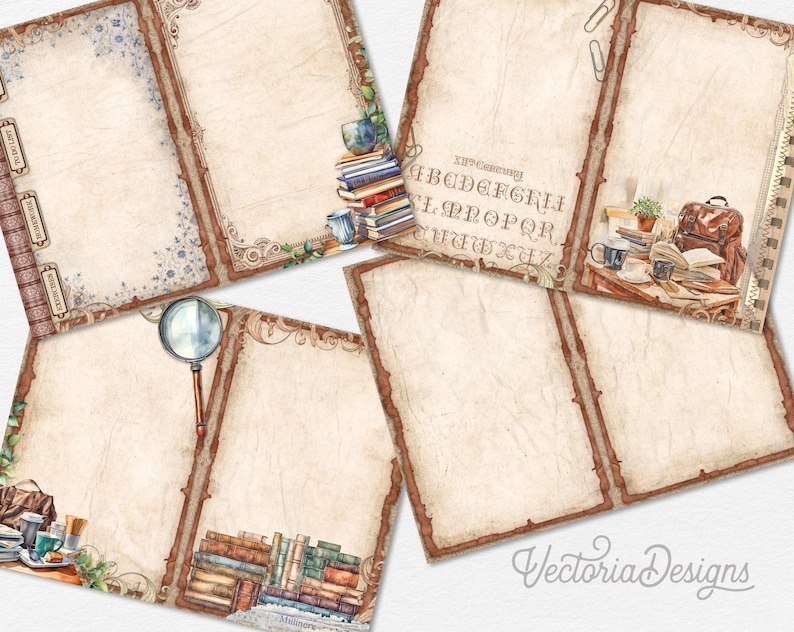 Pode incluir: Um conjunto de seis p&aacute;ginas de di&aacute;rio imprim&iacute;veis em estilo vintage com bordas marrons e creme. Cada p&aacute;gina apresenta um design diferente, incluindo uma lupa, livros e um alfabeto vintage. As p&aacute;ginas s&atilde;o perfeitas para scrapbooking, di&aacute;rio ou para adicionar um toque de charme vintage aos seus projetos.
