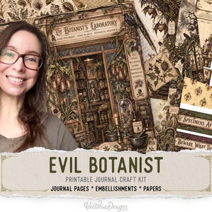 May include: A printable journal craft kit titled Evil Botanist featuring a detailed illustration of a laboratory filled with plants, glass jars, and skulls. The design includes text such as The Botanist's Laboratory, Rare Specimens, and Toxic Plants.
