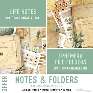 Puede incluir: Un collage de imprimibles de manualidades de estilo vintage, que incluyen páginas de diario, adornos y papeles. La imagen presenta el texto "LIFE NOTES" y "EPHEMERA FILE FOLDERS" en una pancarta verde. La paleta de colores es sepia y crema.