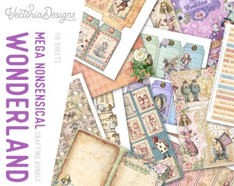 Nonsensical Wonderland MEGA Crafting Bundle, Alice in Wonderland, Paper Pack, Embellishments, Junk Journal, Scrapbooking, Craft Kits  002452