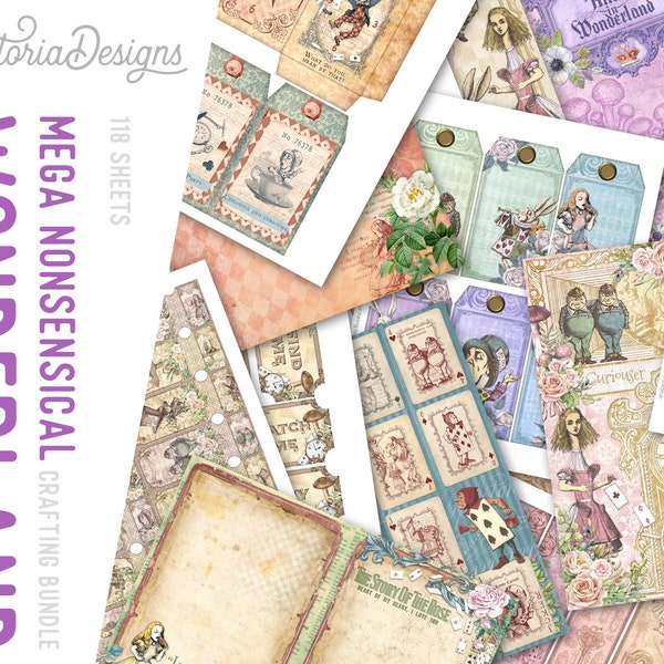 Nonsensical Wonderland MEGA Crafting Bundle, Alice in Wonderland, Paper Pack, Embellishments, Junk Journal, Scrapbooking, Craft Kits  002452