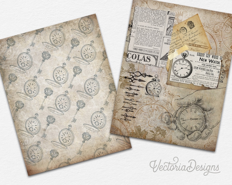 Puede incluir: Dos dise&ntilde;os de papel digital para scrapbooking con motivos vintage de relojes, llaves y otros elementos antiguos. El primer dise&ntilde;o tiene un patr&oacute;n repetitivo de relojes y llaves sobre un fondo beige. El segundo dise&ntilde;o presenta una mano sosteniendo un reloj, un recorte de peri&oacute;dico y un anuncio vintage de una empresa relojera.
