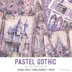 May include: A selection of pastel gothic crafting printables, including journal pages and embellishments. The image showcases illustrations of castles and towers in shades of purple and lavender. The text "PASTEL GOTHIC" is displayed. The kit includes papers.