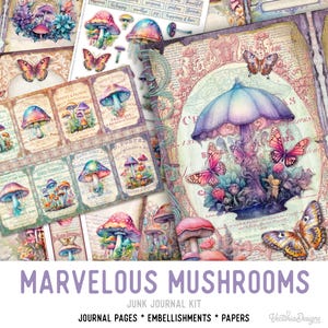 Marvelous Mushrooms Junk Journal Kit, Mushrooms Printable Junk Journal Kit Mushrooms Embellishments Junk Journal Papers Craft kit - 003118