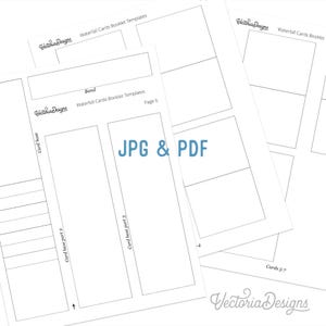 Może przedstawiać: Szablony z białego papieru do kartek kaskadowych z czarnymi konturami i tekstem. Strony są oznaczone jako Victoria Designs, Waterfall Cards Booklet Templates, Band, Card base, Card base part 2, Card base part 3 oraz Cards 5-7. Widoczny jest tekst JPG & PDF.