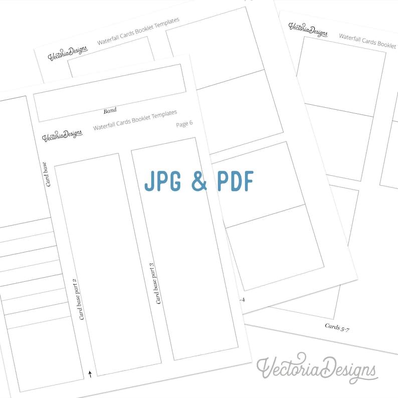 Może przedstawiać: Szablony z białego papieru do kartek kaskadowych z czarnymi konturami i tekstem. Strony są oznaczone jako Victoria Designs, Waterfall Cards Booklet Templates, Band, Card base, Card base part 2, Card base part 3 oraz Cards 5-7. Widoczny jest tekst JPG & PDF.