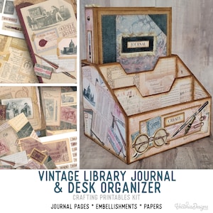 Vintage Library Journal and Desk Organizer Crafting Printables Kit, Printable Junk Journal Kit, Garden Paper Journal, Ephemera  002299
