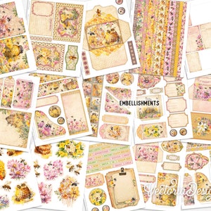 Honey Bees Junk Journal Kit DELUXE, Honey Bees Crafting Printables Kit Honey Embellishments Printable Paper Bees Kit Craft Tutorial 003284 image 4