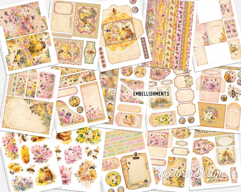 Honey Bees Junk Journal Kit DELUXE, Honey Bees Crafting Printables Kit Honey Embellishments Printable Paper Bees Kit Craft Tutorial 003284 image 4