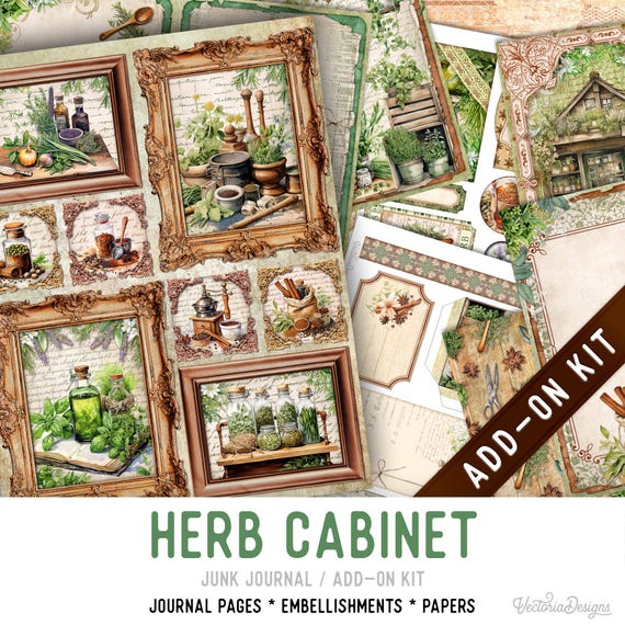 Herb Cabinet Junk Journal Add-On Kit, Printable Pages Embellishments Papers - 003766