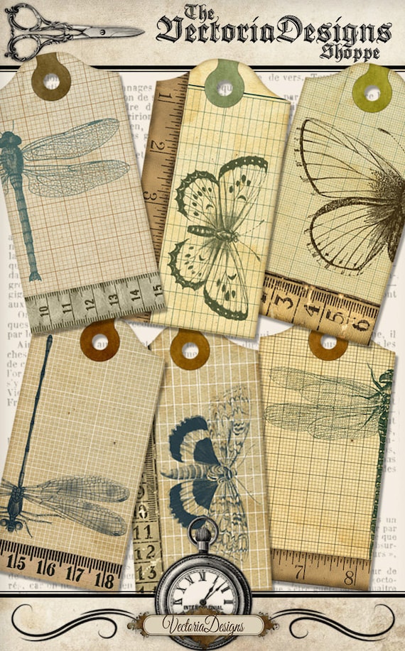 Dragonfly and Butterfly Grid Tags paper crafting scrapbooking steampunk digital download instant download digital collage sheet - 001371